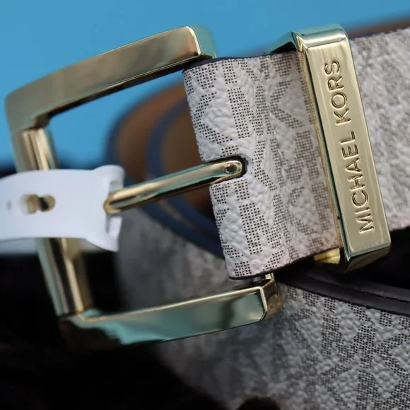 Michael Kors Vanilla Logo Signature Faux Leather Gold Buckle Belt, Size Large - Picture 5 of 14